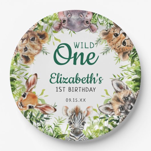 Cute Watercolor Safari Animals 1st Birthday ペーパープレート (正面)