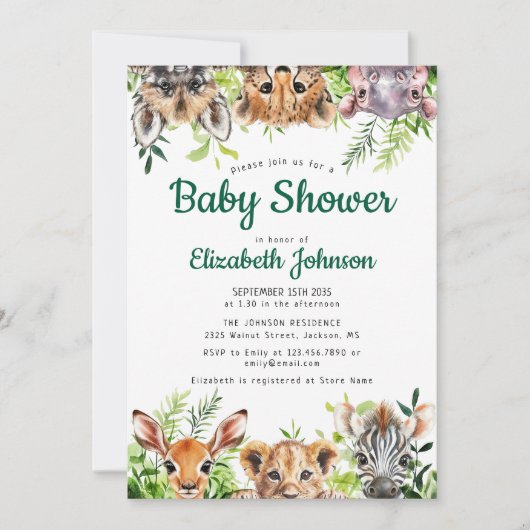 Cute Watercolor Safari Animals Baby Shower 招待状 (正面)