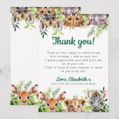 Cute Watercolor Safari Animals Birthday Party サンキューカード (正面/裏面)