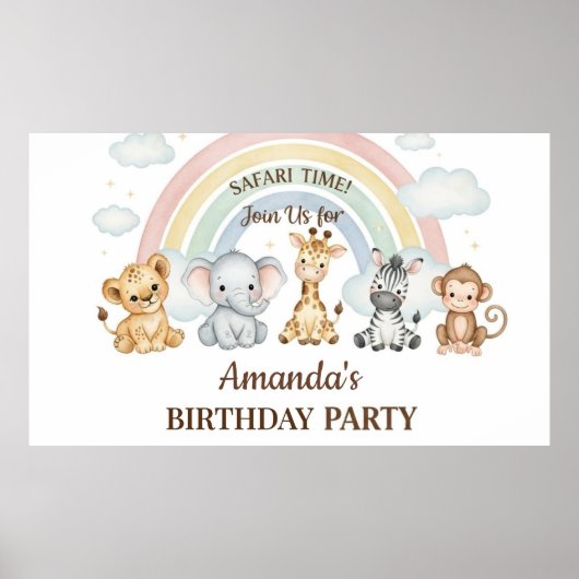 Cute Watercolor Safari Animals Birthday Poster ポスター (正面)