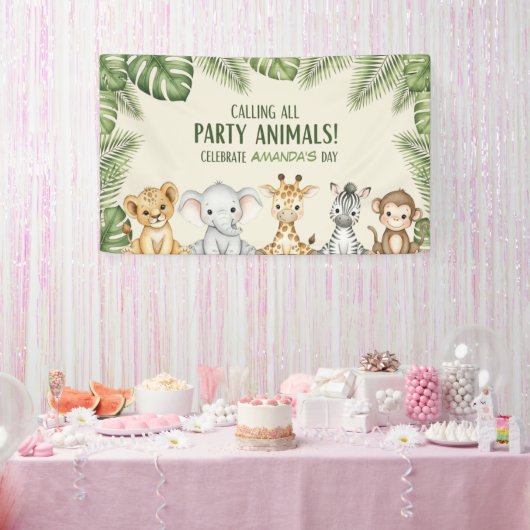 Cute Watercolor Safari Animals Welcome Birthday 横断幕 (パーティー)