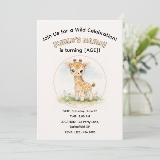 Cute Watercolor Safari Giraffe Kid's Birthday 招待状 (スタンド正面)