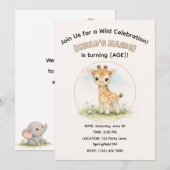 Cute Watercolor Safari Giraffe Kid's Birthday 招待状 (正面/裏面)