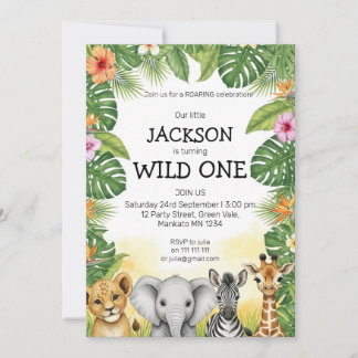 Cute Watercolor Safari Wild One Birthday 招待状