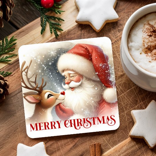 Cute Watercolor Santa Rudolph Christmas Coasters スクエアペーパーコースター