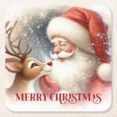 Cute Watercolor Santa Rudolph Christmas Coasters スクエアペーパーコースター (正面)
