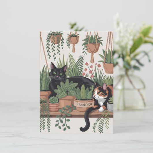 Cute Watercolor Script Botanical Cat サンキューカード (スタンド正面)