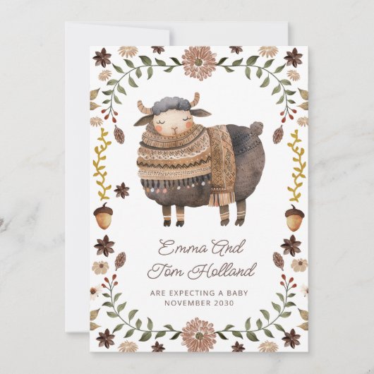 Cute Watercolor Sheep Pregnancy 案内状 (正面)