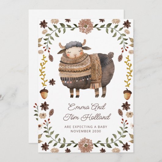 Cute Watercolor Sheep Pregnancy 案内状 (正面/裏面)