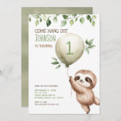 Cute Watercolor Sloth Kids Birthday Party  招待状 (正面/裏面)