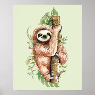 Cute Watercolor Sloth & Tropical Leaves ポスター