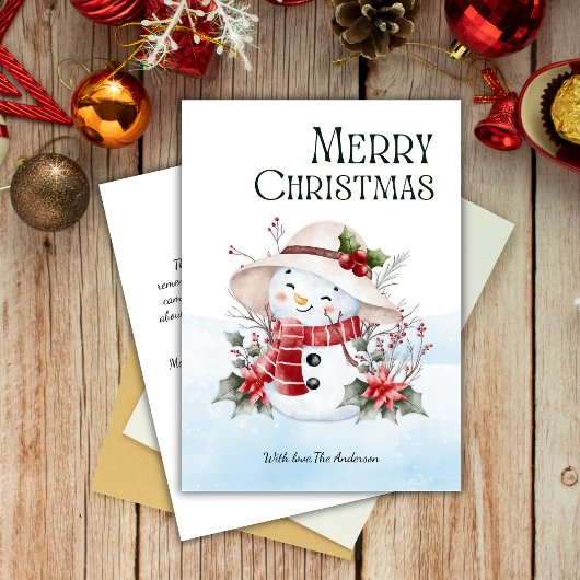 Cute Watercolor Snowman Floral Christmas  シーズンカード
