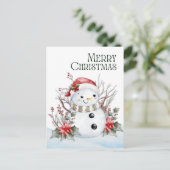 Cute Watercolor Snowman with Santa Hat & Florals シーズンポストカード (スタンド正面)
