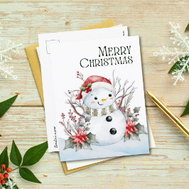 Cute Watercolor Snowman with Santa Hat & Florals シーズンポストカード