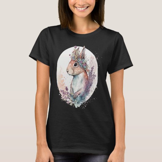Cute Watercolor Squirrel Flower Crown Animal Tシャツ (正面)
