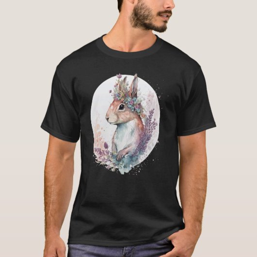 Cute Watercolor Squirrel Flower Crown Animal Tシャツ (正面)
