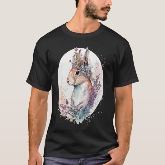 Cute Watercolor Squirrel Flower Crown Animal Tシャツ (正面)