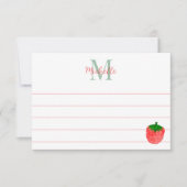 Cute Watercolor Strawberry Custom Lined Monogram ノートカード (正面)