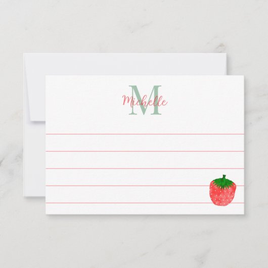 Cute Watercolor Strawberry Custom Lined Monogram ノートカード (正面)
