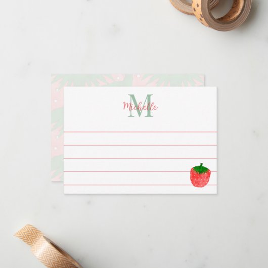 Cute Watercolor Strawberry Custom Lined Monogram ノートカード (正面/裏面インサイチュ)