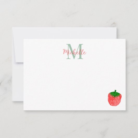 Cute Watercolor Strawberry Custom Monogram ノートカード (正面)
