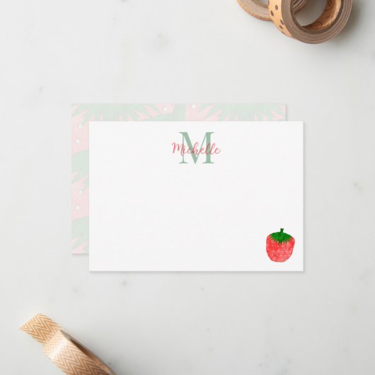 Cute Watercolor Strawberry Personalized Monogram ノートカード (正面/裏面インサイチュ)