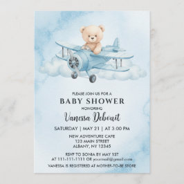 Cute Watercolor Teddy Bear Airplane Baby Shower 招待状