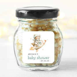 Cute Watercolor Teddy Bear Astronaut Baby Shower スクエアシール