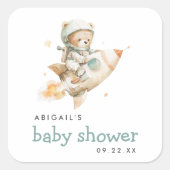 Cute Watercolor Teddy Bear Astronaut Baby Shower スクエアシール (正面)