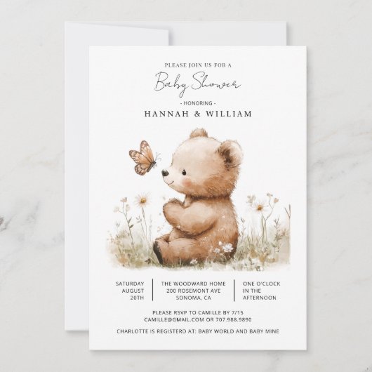 Cute Watercolor Teddy Bear Baby Shower 招待状 (正面)