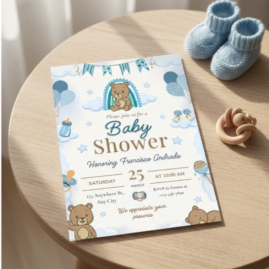 Cute Watercolor Teddy Bear Baby Shower Invitation 招待状