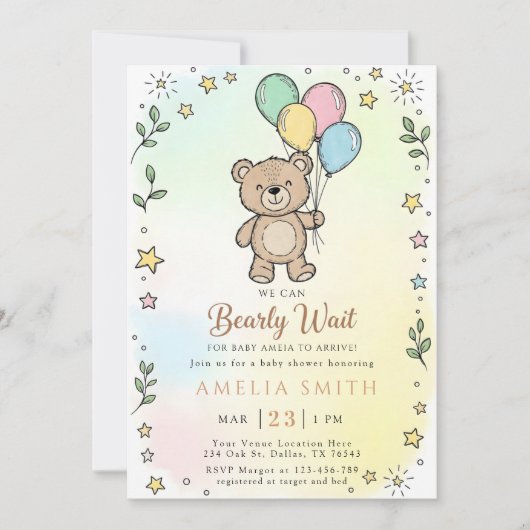 Cute Watercolor Teddy bear Illustration babyshower 招待状 (正面)