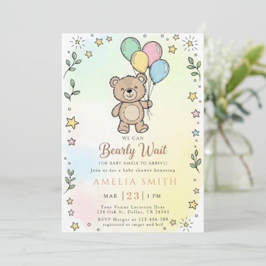 Cute Watercolor Teddy bear Illustration babyshower 招待状 (スタンド正面)