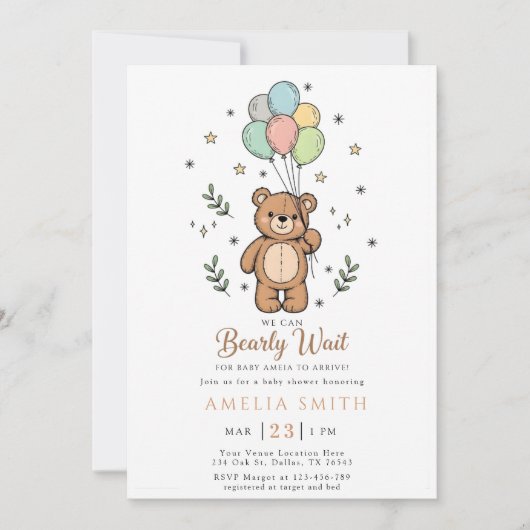 Cute Watercolor Teddy bear Illustration babyshower 招待状 (正面)