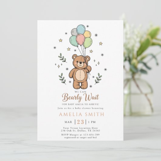 Cute Watercolor Teddy bear Illustration babyshower 招待状 (スタンド正面)