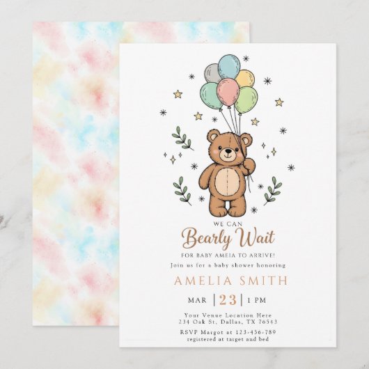 Cute Watercolor Teddy bear Illustration babyshower 招待状 (正面/裏面)