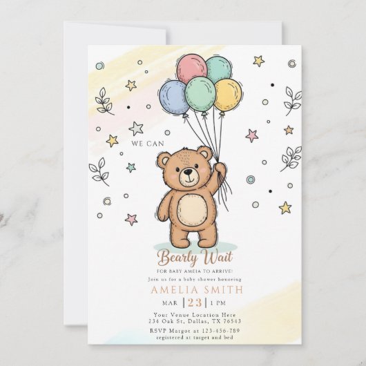 Cute Watercolor Teddy bear Illustration babyshower 招待状 (正面)