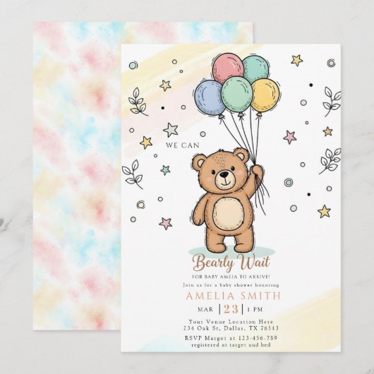 Cute Watercolor Teddy bear Illustration babyshower 招待状 (正面/裏面)