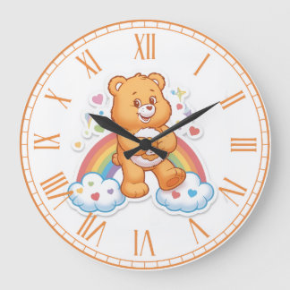 Cute Watercolor Teddy Bear Rainbow Clouds Nursery  ラージ壁時計