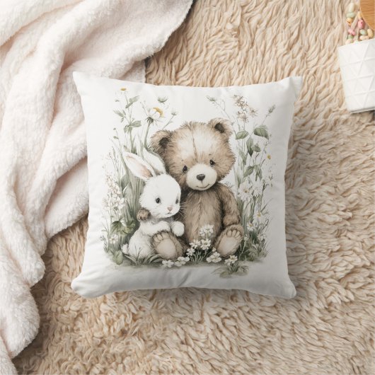 Cute Watercolor Teddy Bear with Rabbit クッション (ブランケット)