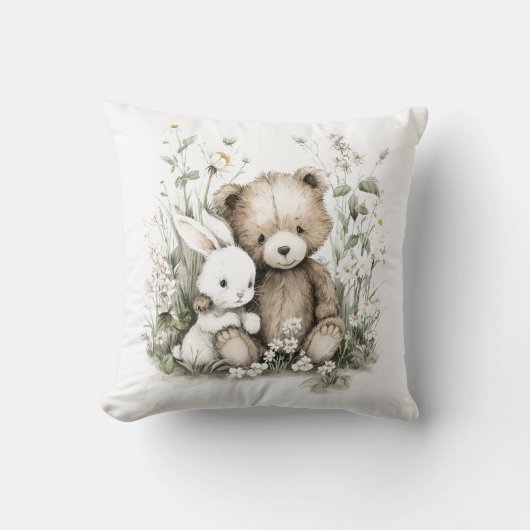 Cute Watercolor Teddy Bear with Rabbit クッション (正面)