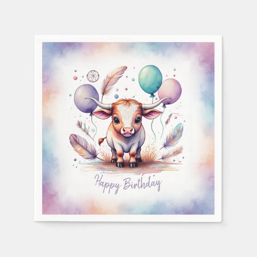 Cute Watercolor Texas Longhorn Balloons Birthday  スタンダードカクテルナプキン (正面)