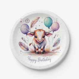 Cute Watercolor Texas Longhorn Balloons Birthday ペーパープレート