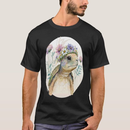 Cute Watercolor Turtle Flower Crown Sea Animal Tシャツ (正面)