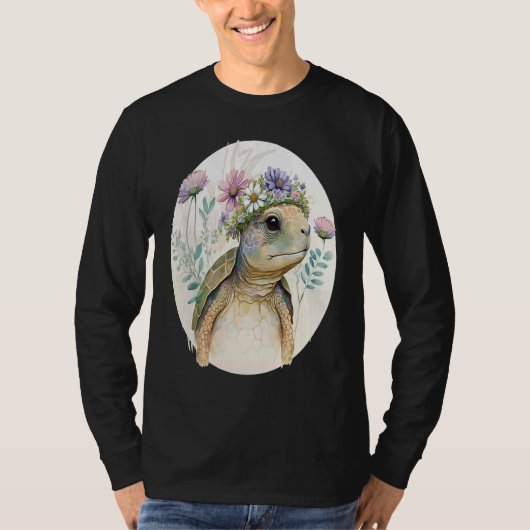 Cute Watercolor Turtle Flower Crown Sea Animal Tシャツ (正面)