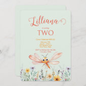 Cute Watercolor Wildflower Dragonfly Girl Birthday 招待状 (正面/裏面)