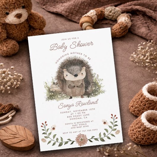 Cute Watercolor Woodland Hedgehog Baby Shower  招待状