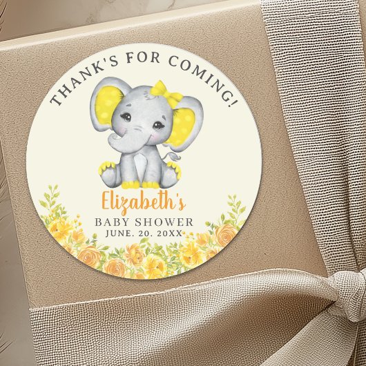  Cute Watercolor Yellow Elephant Baby Shower ラウンドシール