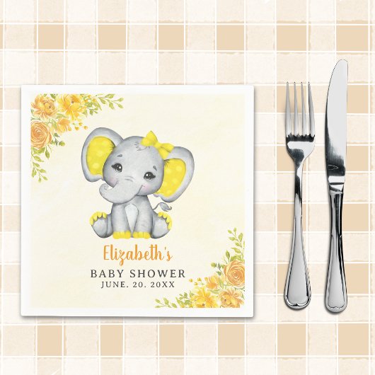 Cute Watercolor Yellow Elephant Baby shower Girl スタンダードカクテルナプキン