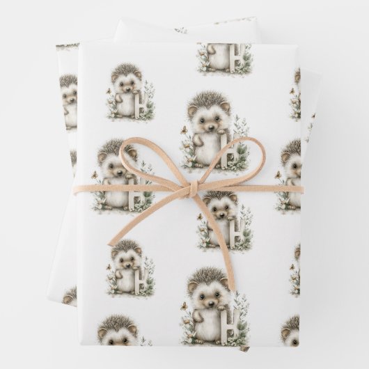 Cute watercolour baby animal alphabet Hedgehog ラッピングペーパーシート (インサイチュ)